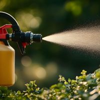 Close-up of a handheld pesticide sprayer being used on a home garden to prevent insect infestations. High-resolution, detailed textures, crisp focus